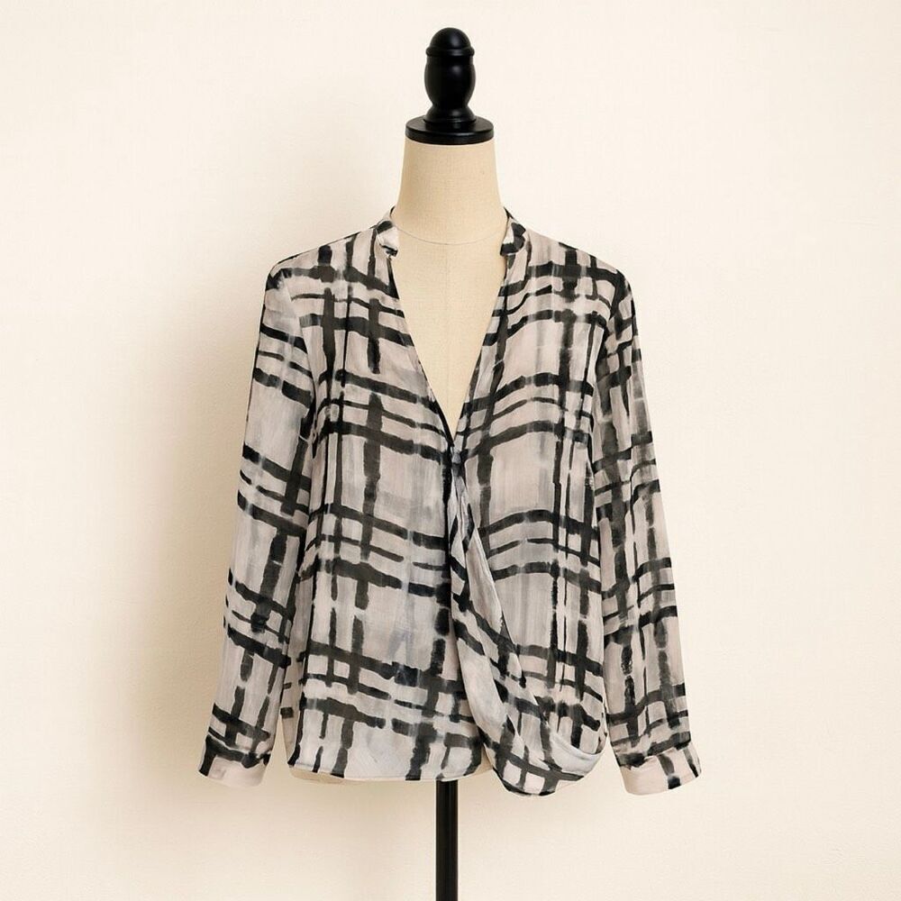 Banana Republic Semi-Sheer Plaid Check Draped Front Blouse | Size M | Black Whit